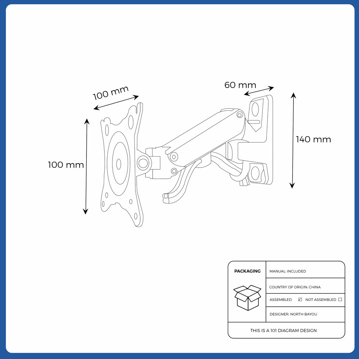 North Bayou F120 Gas Strut Flexi Wall Mount, 360° Rotation, Gas-Strut Support and Space-Saving Wall Installation