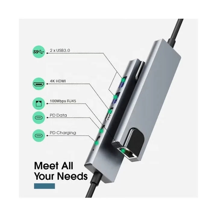 Aspor A782 8 in 1 Hub, 100W Ethernet + HDMI + USB-A*2 + SD + TF