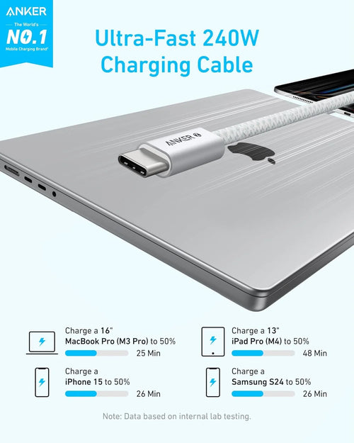 Anker Zolo 240W USB-C to USB-C Cable, Braided and Dirt-Free 1.8m (6ft) | White