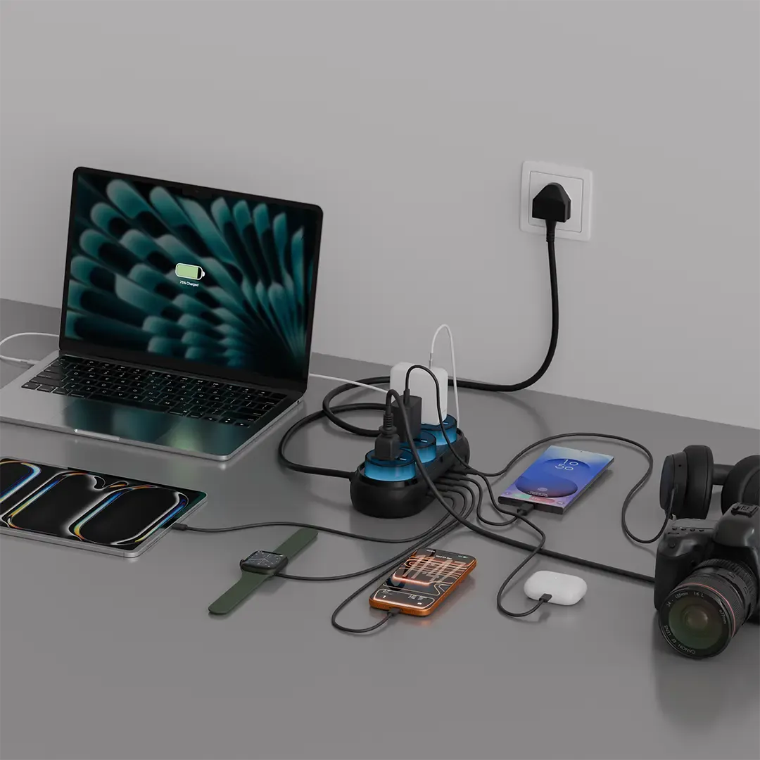 Powerology Holix GaN Multi-Port Power Station Grey angled view for fast USB charging