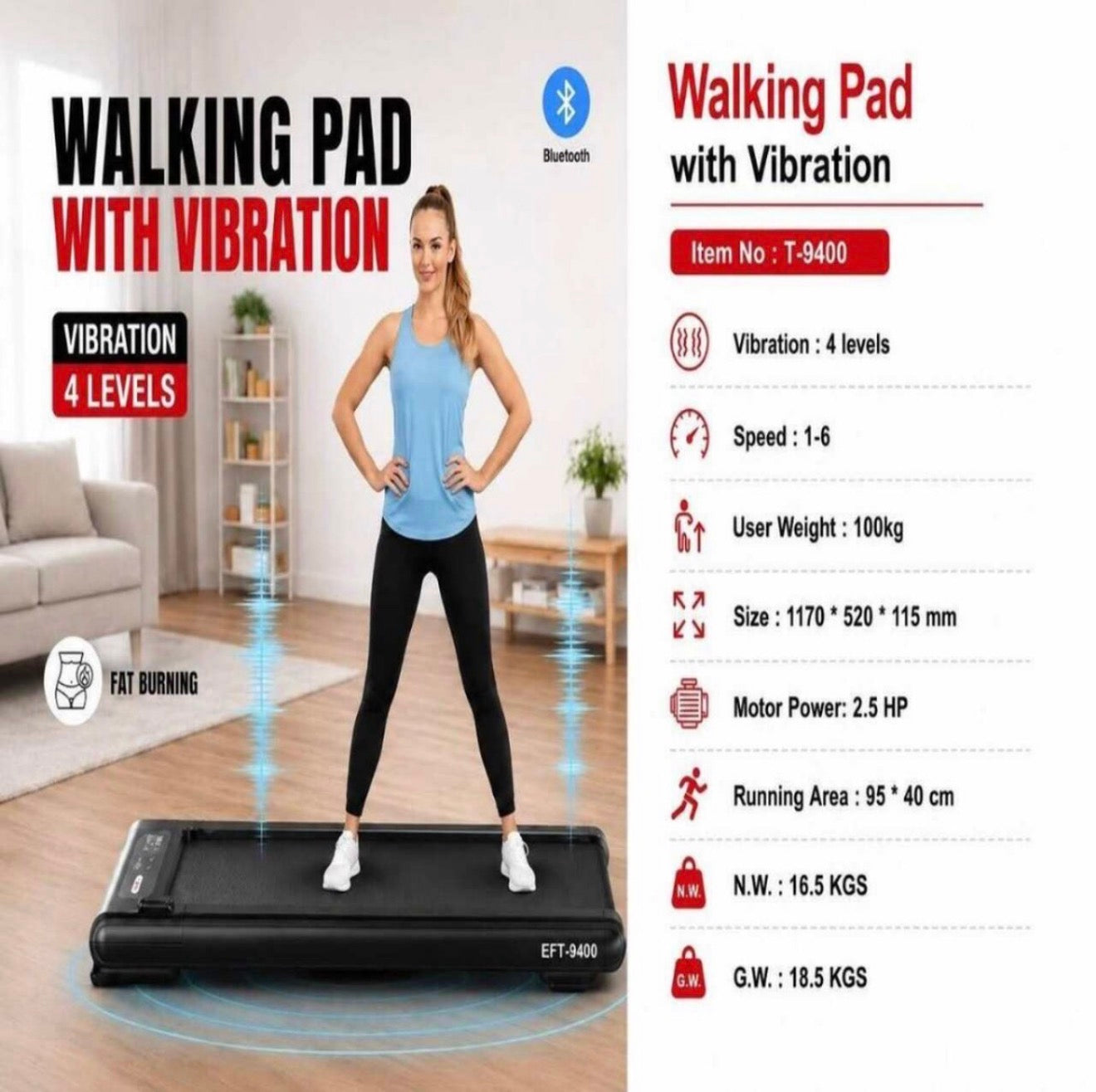 2.5HP Walking Pad Treadmill with 4 Level Vibration Massager