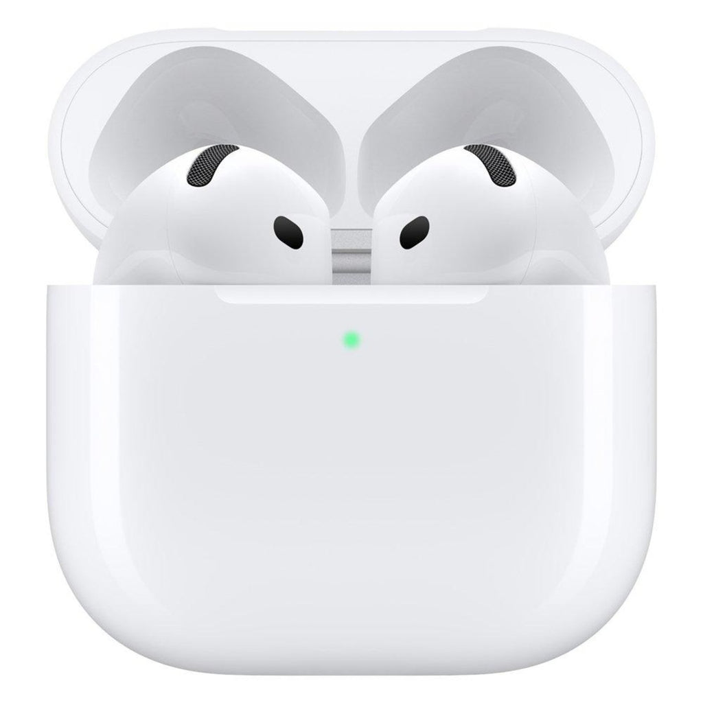 White wireless earbuds in a charging case on a white background