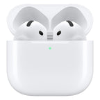 White wireless earbuds in a charging case on a white background