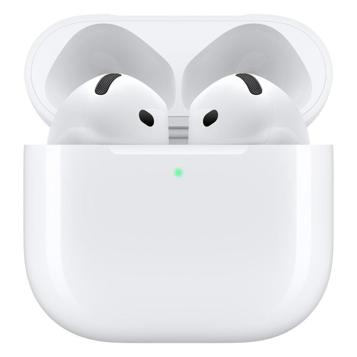 White wireless earbuds in a charging case on a white background