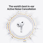 White in-ear headphones with 'The world's best in-ear Active Noise Cancellation' text on a white background
