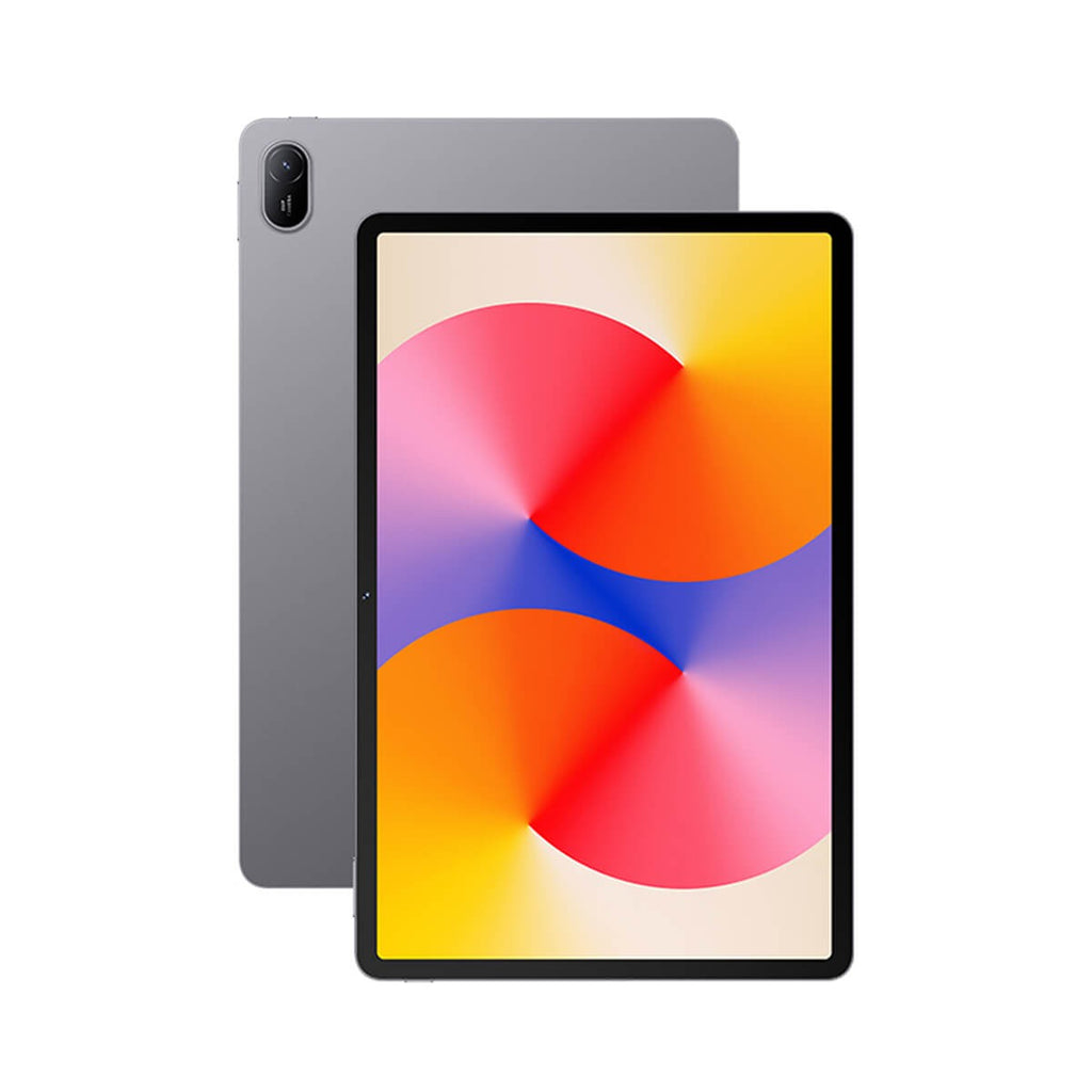 A gray tablet shown from the front and back on a plain white background. The front screen displays a colorful abstract wallpaper with red, orange, yellow, and blue shapes.