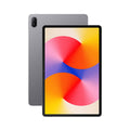 A gray tablet shown from the front and back on a plain white background. The front screen displays a colorful abstract wallpaper with red, orange, yellow, and blue shapes.