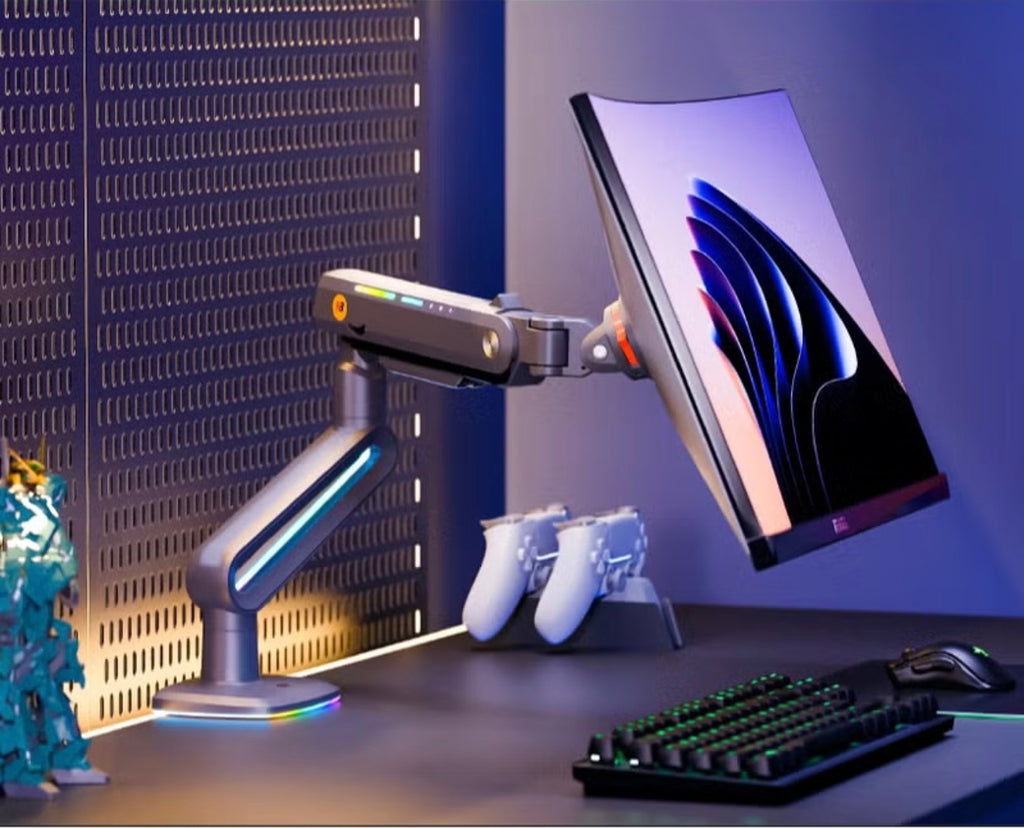 NB F6 RGB Gaming Monitor Arm, Height Adjustable 490mm, Fits 32"-60" Screens, 20kg Load, Matte Gray, 360° Rotation, VESA 100x100– Gaming, Workstations & Office Desk Mount