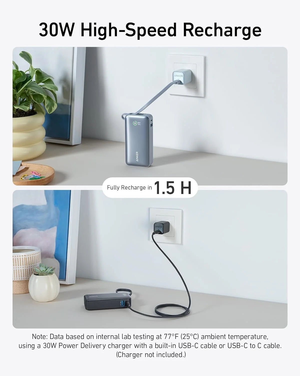 Anker 30W Fast Charging 10000 mAh Built-in USB-C Cable | Black