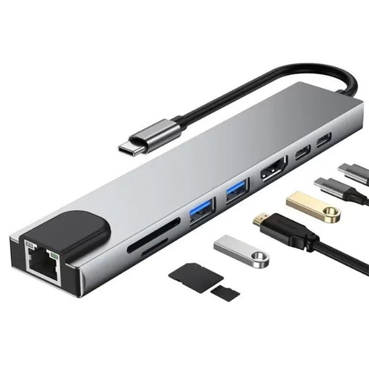 Aspor A782 8 in 1 Hub, 100W Ethernet + HDMI + USB-A*2 + SD + TF