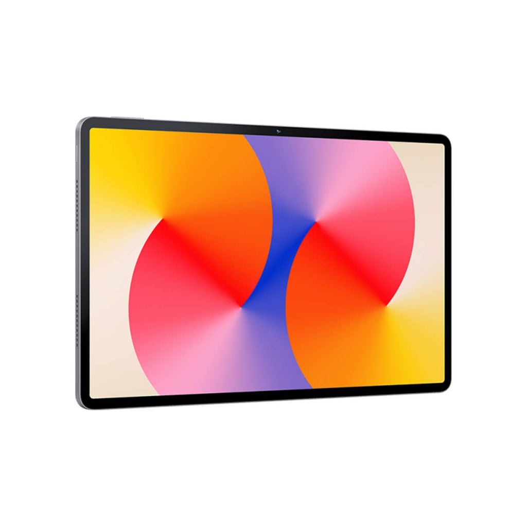 A tablet device shown at an angle against a plain white background, with a colorful abstract wallpaper displayed on its screen.