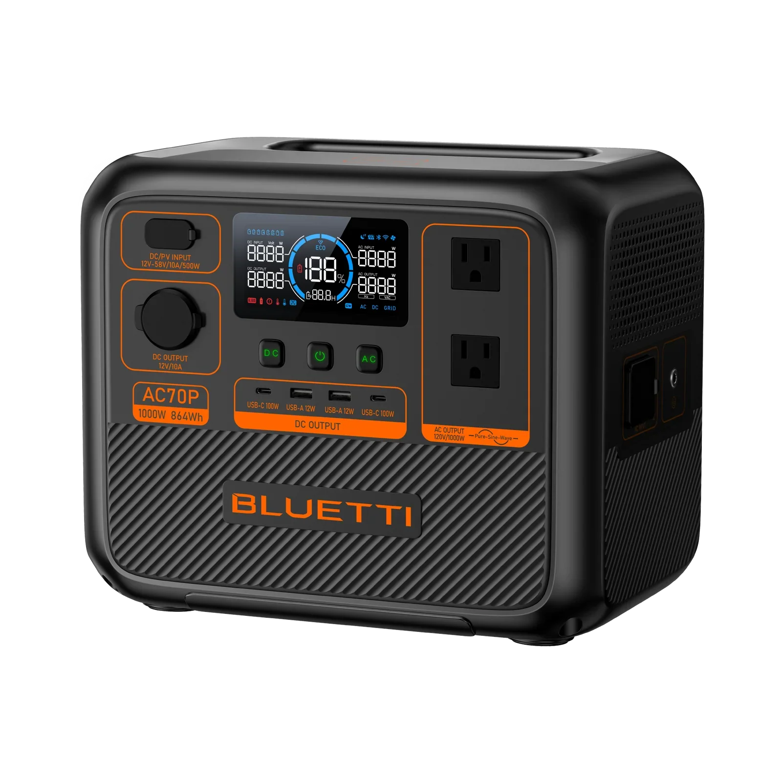 BLUETTI AC70P side profile and solar input port