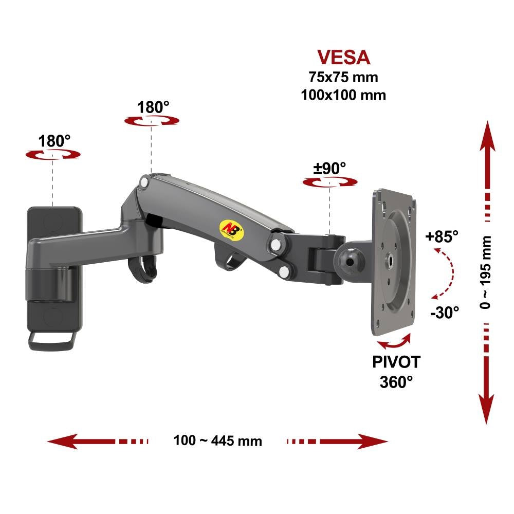 NB F150 Gas Spring Single Monitor 17″ – 35″ Full Motion Wall Arm Mount Bracket
