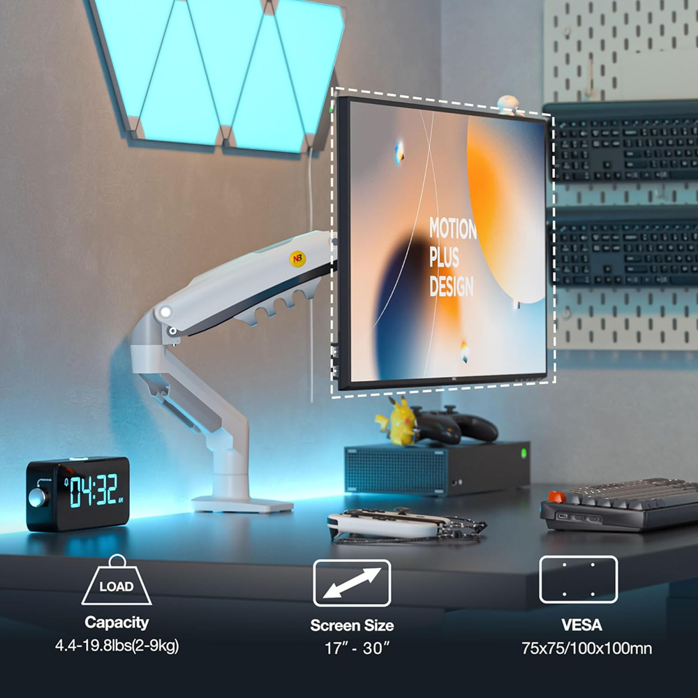 NB F80-XE Single Monitor 17″ – 32″ Arm Desk Mount Table Stand Full Motion Flat, 2-9 KG (White)