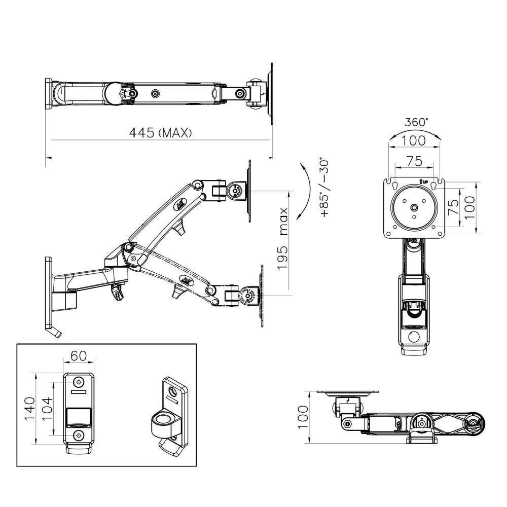 NB F150 Gas Spring Single Monitor 17″ – 35″ Full Motion Wall Arm Mount Bracket