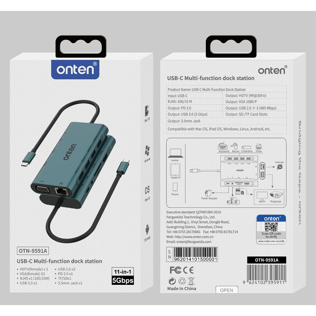 Onten 9591A USB-C 11in1 Hub Docking Station HDMI 4K30Hz VGA RJ45 3.5mm with Card reader