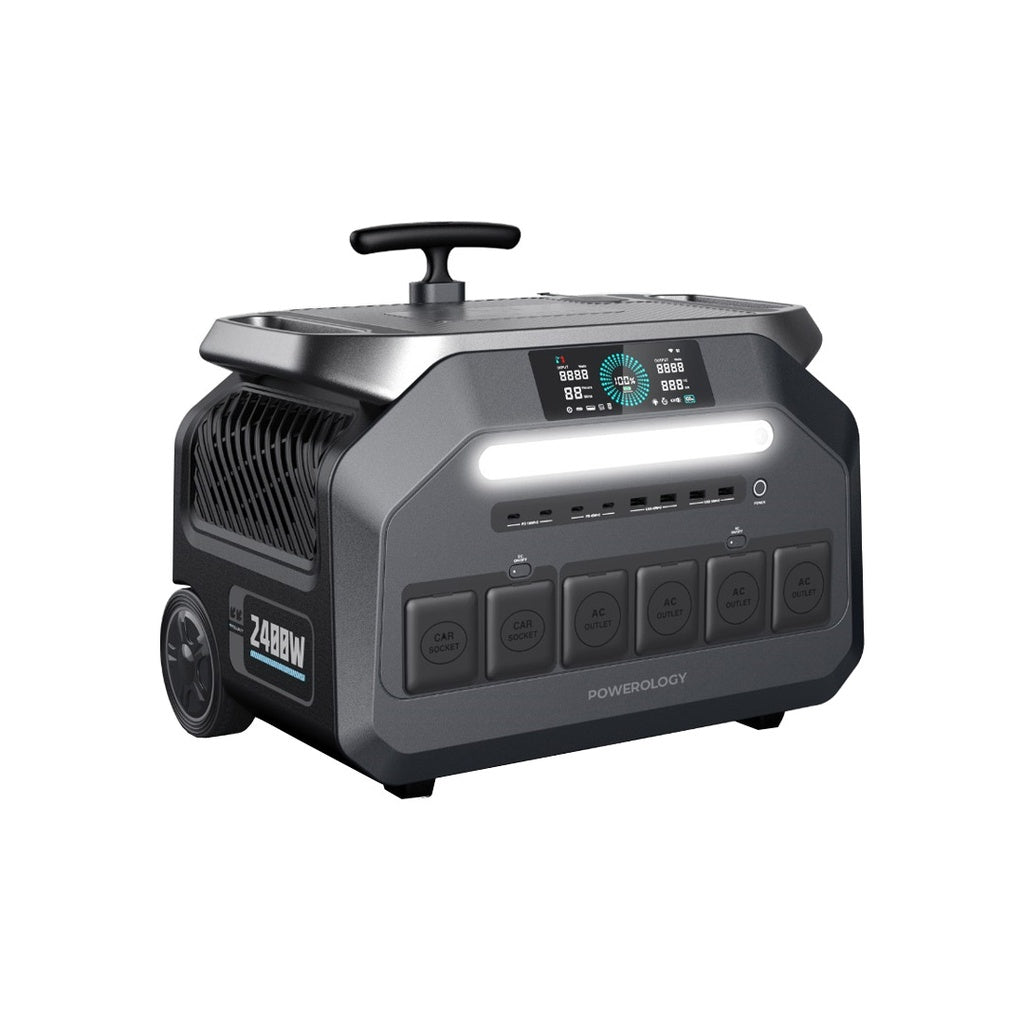 Powerology 2400W solar generator AC outlets detail