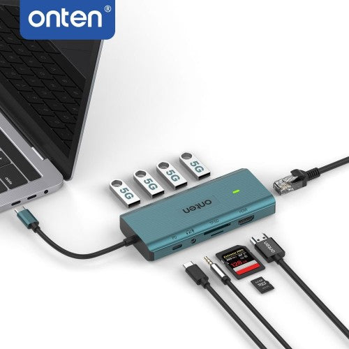Onten 9591A USB-C 11in1 Hub Docking Station HDMI 4K30Hz VGA RJ45 3.5mm with Card reader