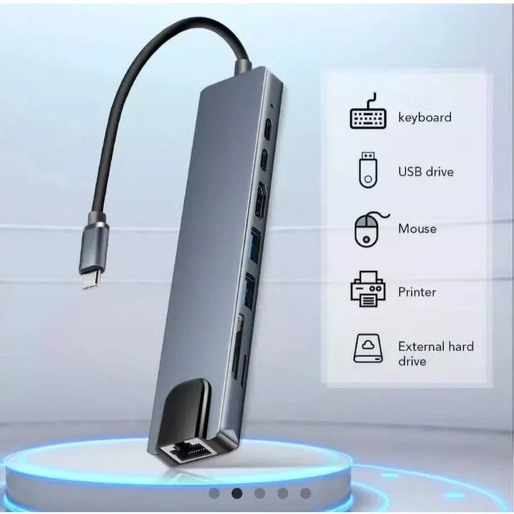 Aspor A782 8 in 1 Hub, 100W Ethernet + HDMI + USB-A*2 + SD + TF