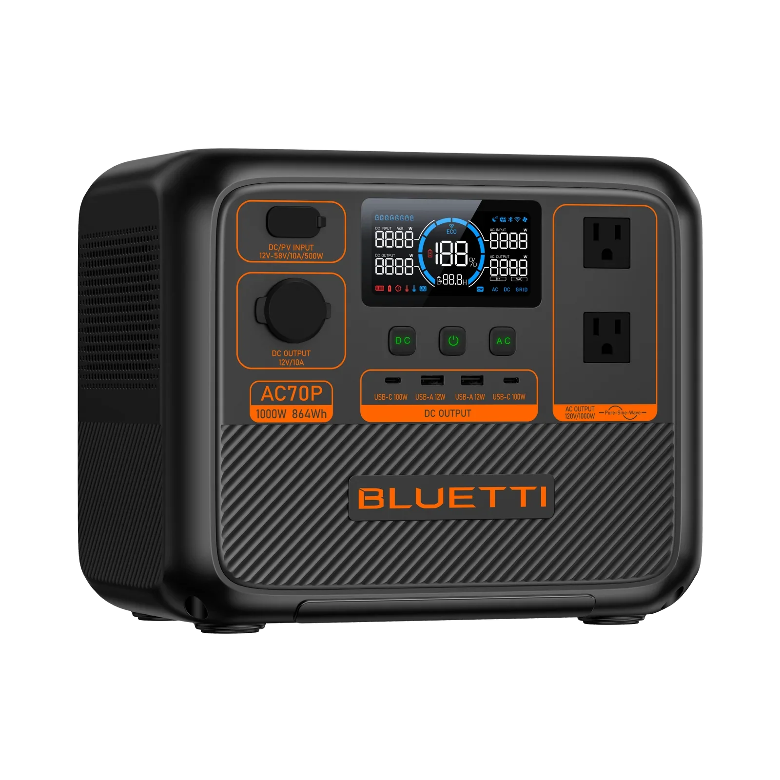 BLUETTI AC70P digital display showing battery capacity