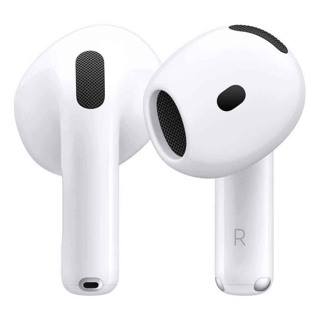 White wireless earbuds with black accents on a white background