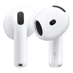 White wireless earbuds with black accents on a white background