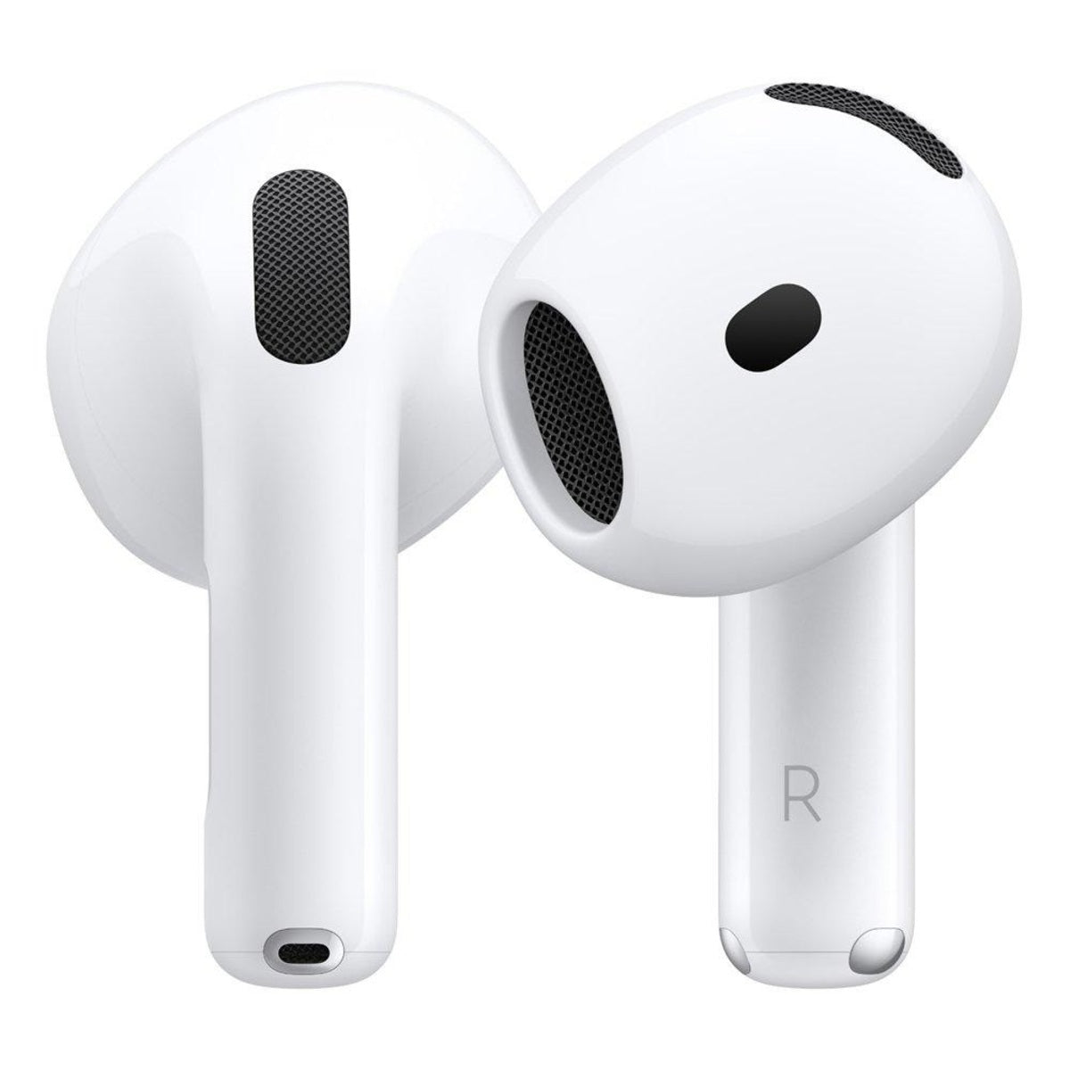 White wireless earbuds with black accents on a white background
