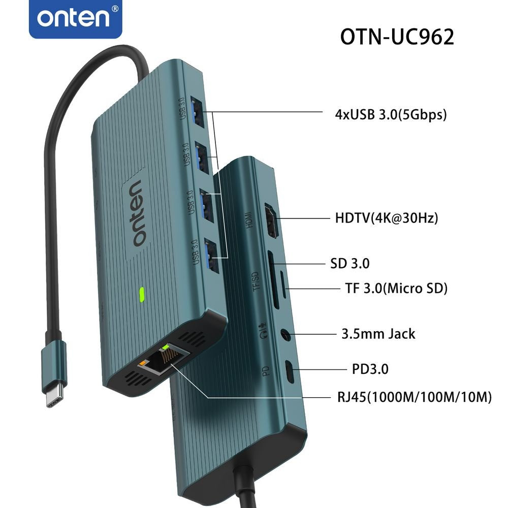 Onten 9591A USB-C 11in1 Hub Docking Station HDMI 4K30Hz VGA RJ45 3.5mm with Card reader