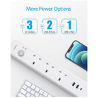 Anker PowerExtend 6-in-1 strip showing AC outlets and USB ports