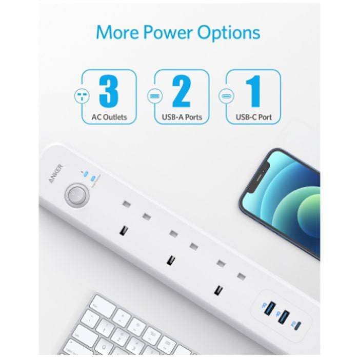 Anker PowerExtend 6-in-1 strip showing AC outlets and USB ports