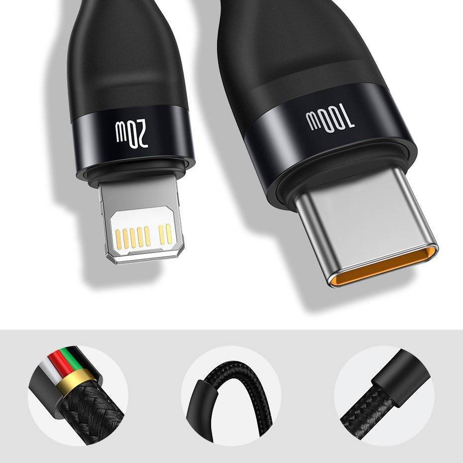 Baseus 100W 2-in-1 cable showing split Lightning and USB-C connectors