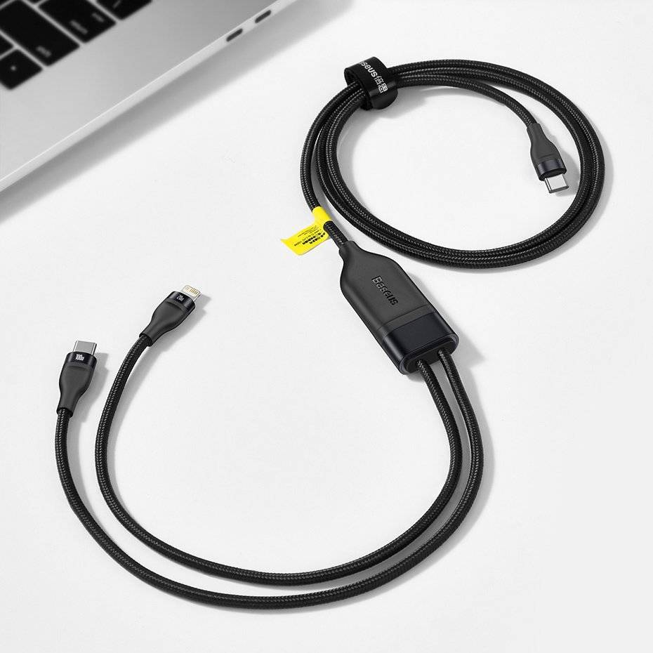 Baseus 100W 2-in-1 fast charging cable connected to iPhone and laptop Kuwait