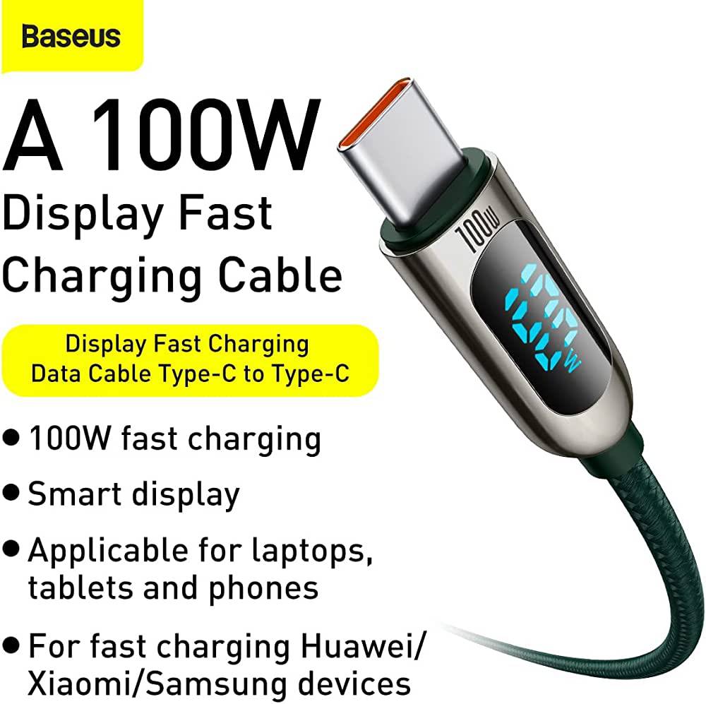 Baseus 100W green cable charging laptop with wattage shown