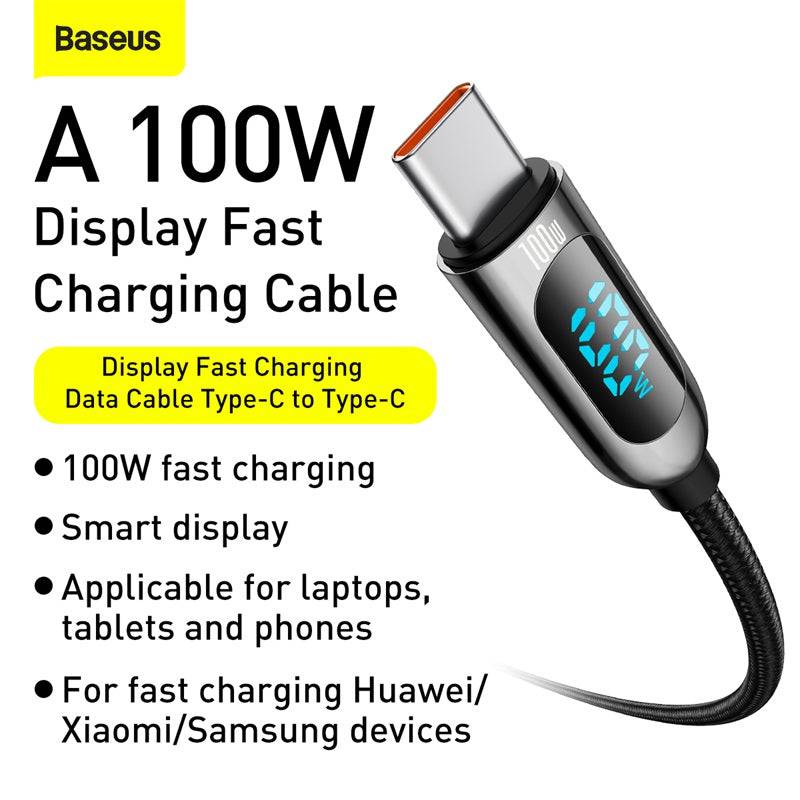 Baseus 100W USB-C cable LED wattage display close up