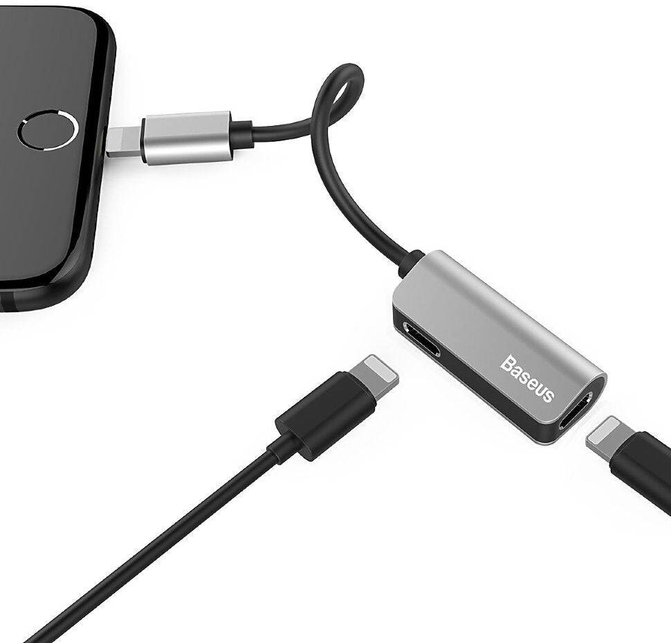 Baseus L37 splitter connected to iPhone showing dual Lightning ports