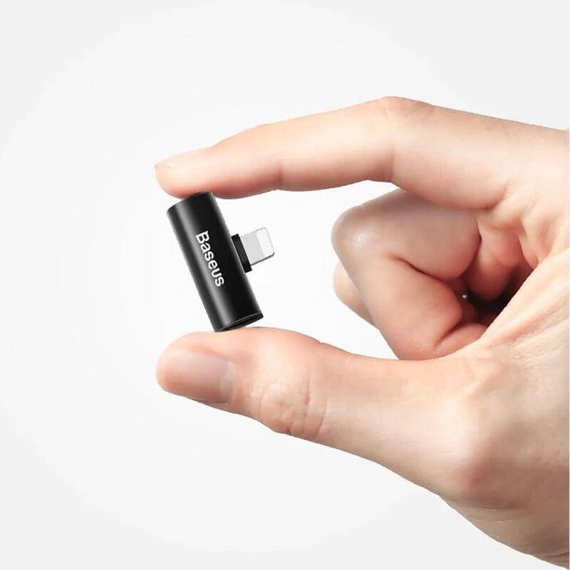 Baseus L46 adapter showing two Lightning ports for audio and charging