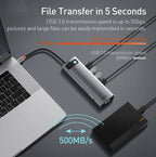 Baseus Metal Gleam 11-in-1 hub connected to MacBook workstation