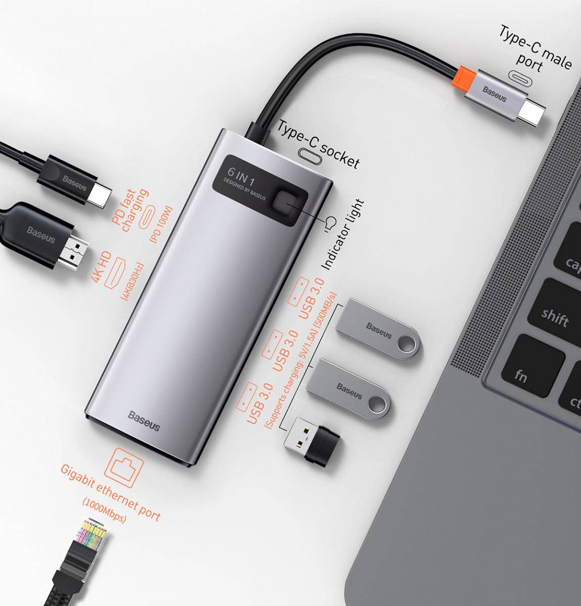 Baseus Metal Gleam 8-in-1 hub connected to laptop