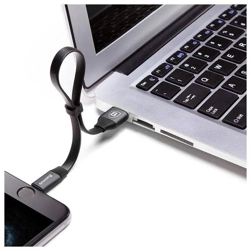 Baseus Nimble black Lightning cable plugged into iPhone for charging