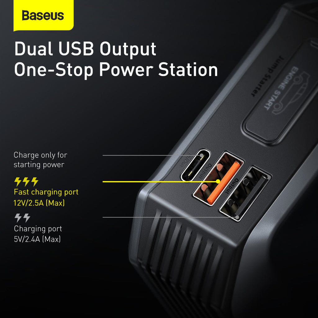 Baseus 2000A peak jump starter USB charging ports detail