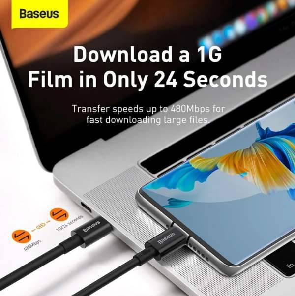 Baseus 100W USB-C 2 meter black cable connected to MacBook on desk