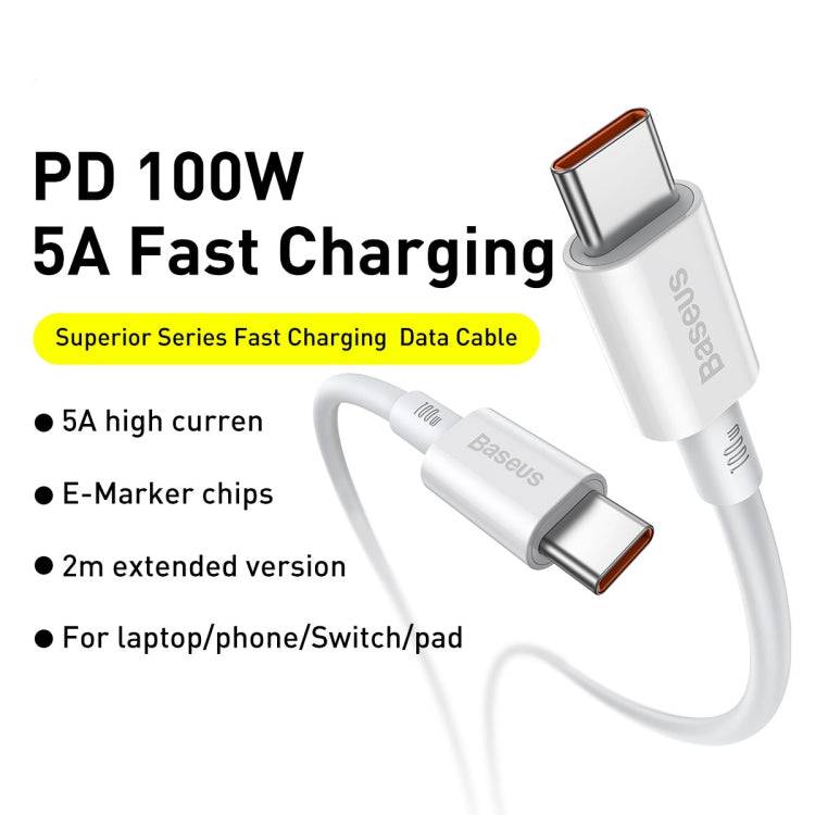 Baseus 100W USB-C white 2m cable showing wattage and connector labels