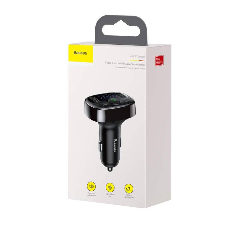 Baseus car Bluetooth transmitter dual USB charging ports close up