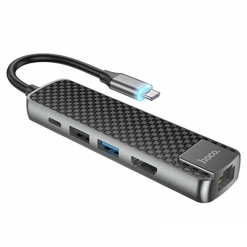 Hoco HB23 Type-C hub HDMI USB3.0 USB2.0 RJ45 PD front view Kuwait