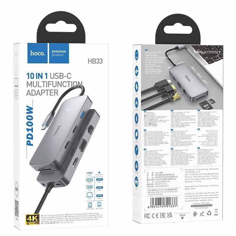 Hoco HB33 USB-C hub connected to MacBook with HDMI and USB devices