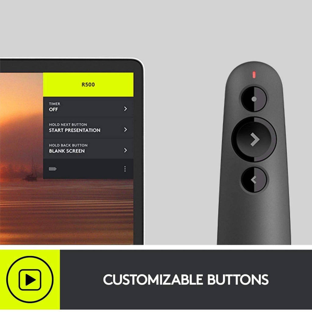 Logitech R500s wireless remote held in hand during presentation