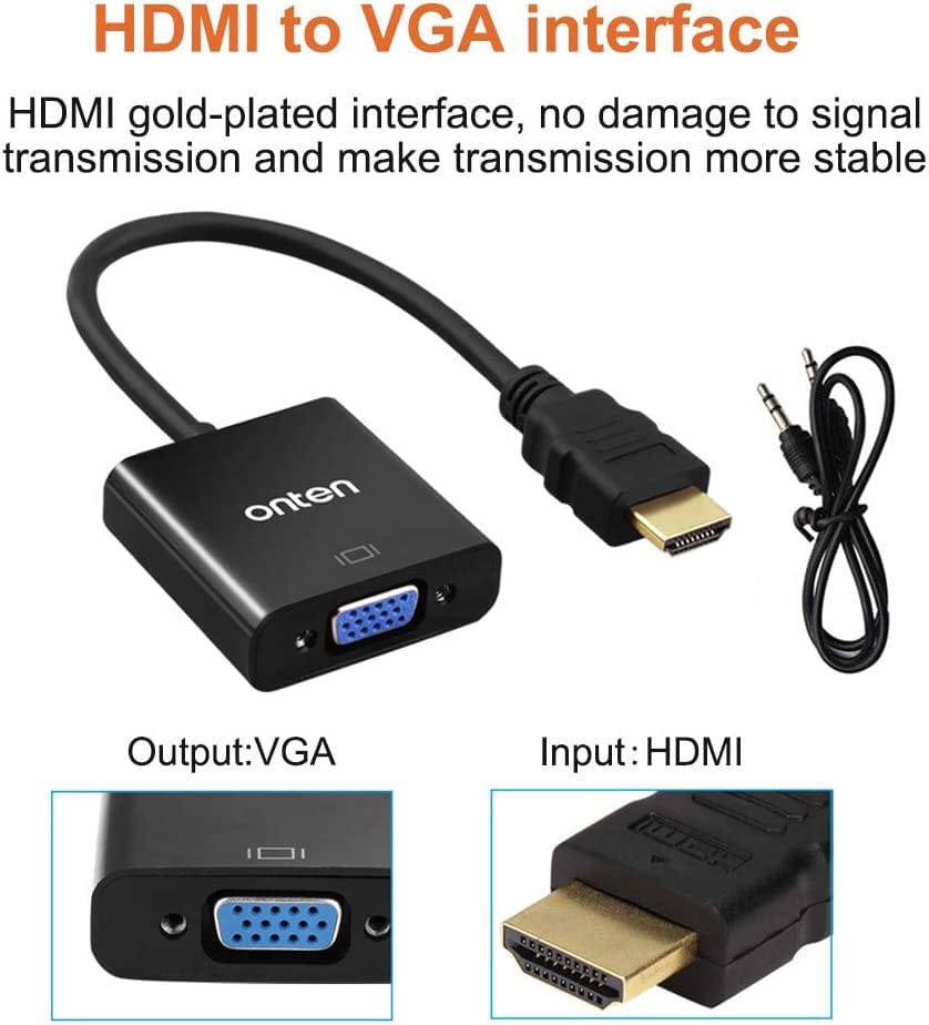 Onten 5169 HDMI to VGA adapter with audio connected to monitor and laptop