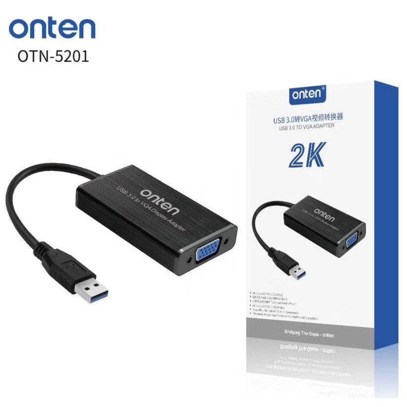 Onten 5201 USB to VGA adapter connected to external monitor