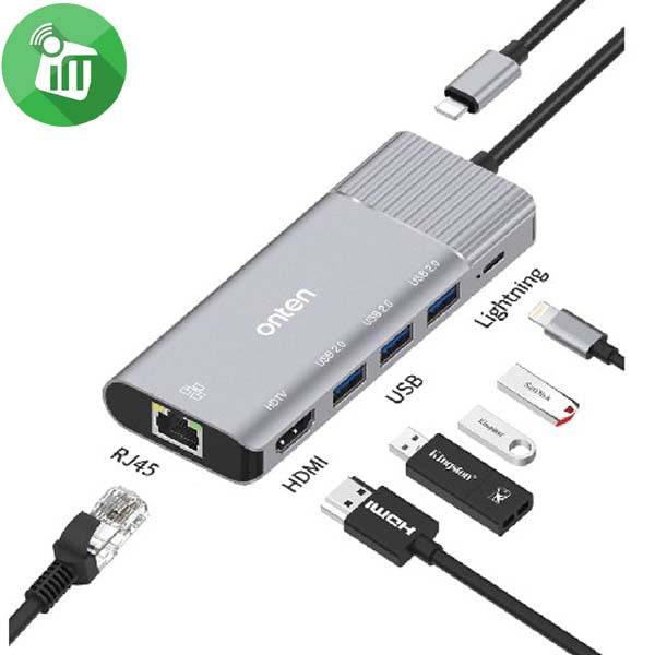 Onten 79591 Lightning hub connected to iPhone showing HDMI and USB ports