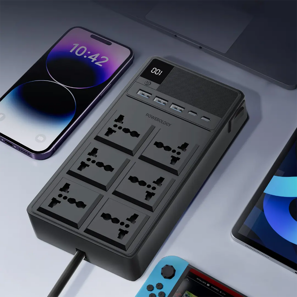 Powerology power strip in use on desk